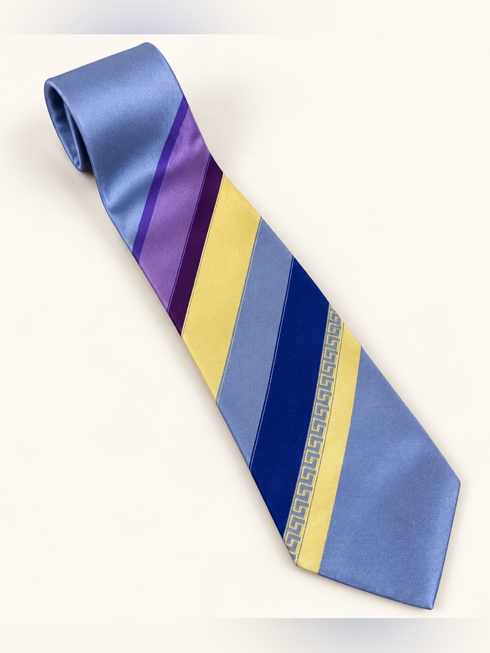 Vintage Gianni Versace Tie Periwinkle Purple Yellow Greek Key Stripe 57"